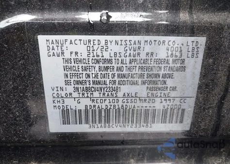 2022 Nissan Sentra Sv Xtronic Cvt z USA, uszkodzony, nr VIN 3N1AB8CV4NY233481